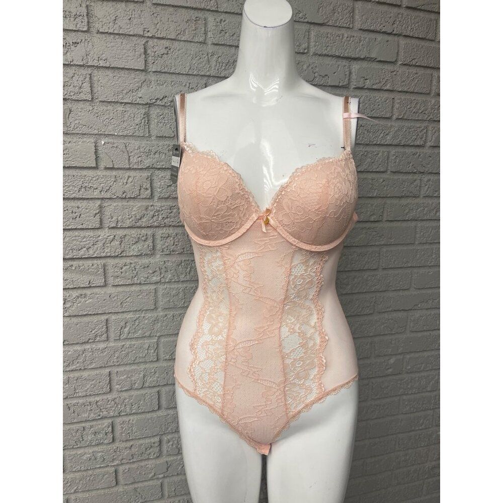 NWT Daisy Fuentes Women Peach Push-Up Sheer Lace Teddy Size L